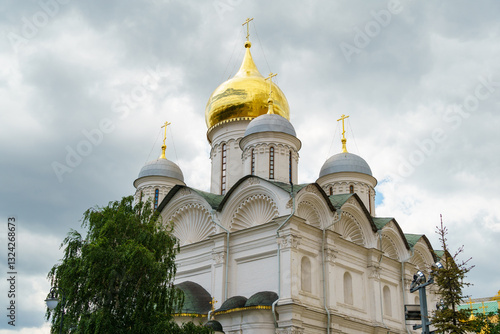 Russian Orthodox Cathedral of Holy Archangel Michael in Kremlin (Archangel Cathedral) is located on Cathedral Square in Moscow Kremlin. Burial place of Russian monarchs. Moscow popular landmark