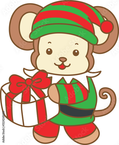 Cute Monkey christmas vector icon. Funny baby Monkey animal series christmas illustration.