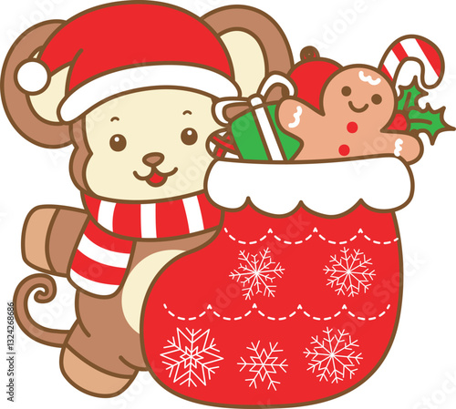 Cute Monkey christmas vector icon. Funny baby Monkey animal series christmas illustration.