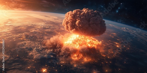 Massive explosion occurs during nuclear detonation over Earth's surface at sunset highlighting fiery clouds and shockwaves