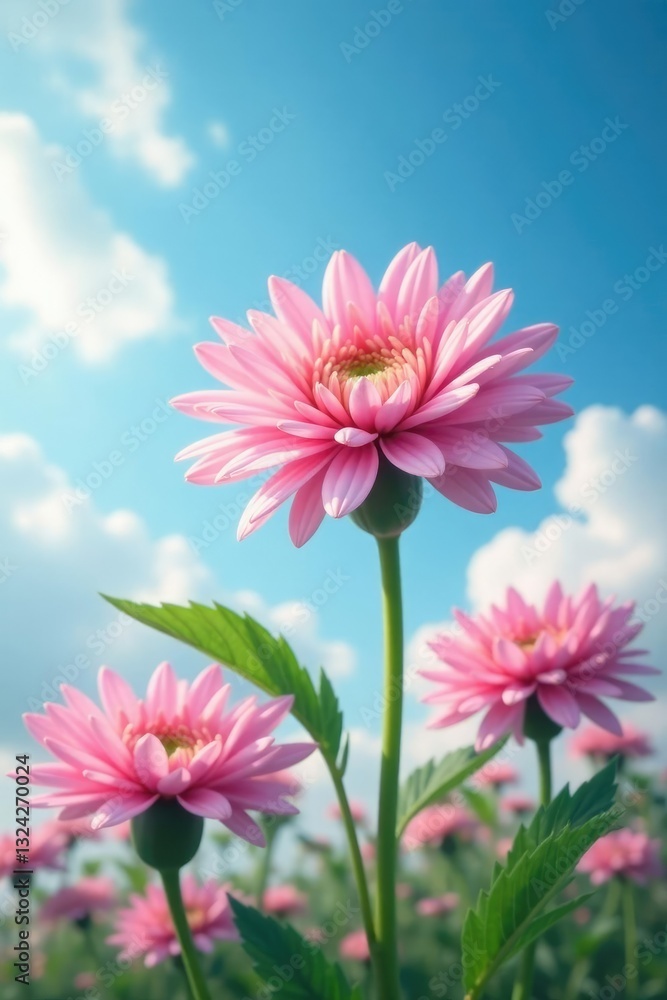 Soft pink petals of chrysanthemum against blue sky with clouds, botanical, flowers Soft pink petals of chrysanthemum against blue sky with clouds, botanical, flowers