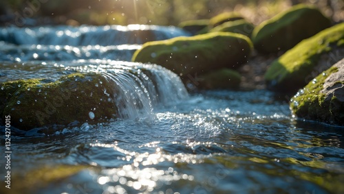 Wallpaper Mural Serene Stream Cascading Over Moss-covered Rocks Bathed In Sunlight, Creating A Tranquil And Peaceful Natural Scene Torontodigital.ca