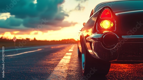 Retro car with chrome details on a sunset highway background, cinematic and stylish