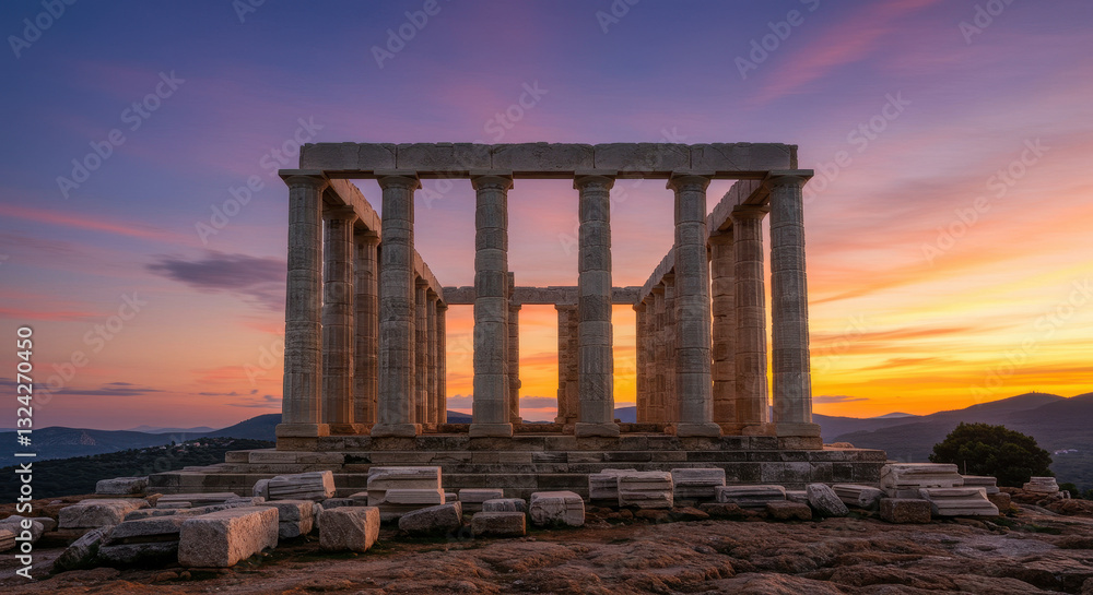Sunset Serenity at Poseidon Temple: Ancient Greece Landmark, Cape Sounion, Twilight Glow & Iconic Ruins Sunset Serenity at Poseidon Temple: Ancient Greece Landmark, Cape Sounion, Twilight Glow & Iconic Ruins