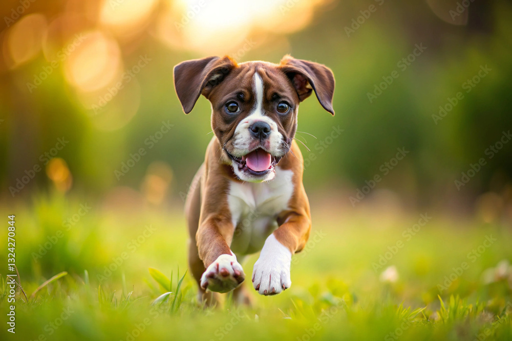 Joyful Puppy Sprint: A delightful puppy dashes through a sun-dappled meadow, exuding boundless energy and happiness, showcasing the pure joy of canine exuberance. Joyful Puppy Sprint: A delightful puppy dashes through a sun-dappled meadow, exuding boundless energy and happiness, showcasing the pure joy of canine exuberance.