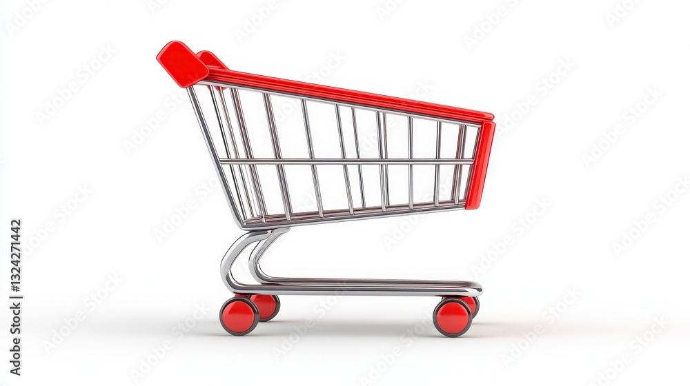 Red Shopping Cart on White Background for Retail and Commerce Use Red Shopping Cart on White Background for Retail and Commerce Use