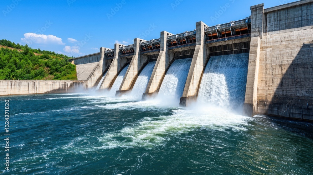 Concrete dam with cascading water Concept, Massive Concrete Dam with Cascading Water in Clear Blue Sky Under Bright Sunlight Concrete dam with cascading water Concept, Massive Concrete Dam with Cascading Water in Clear Blue Sky Under Bright Sunlight
