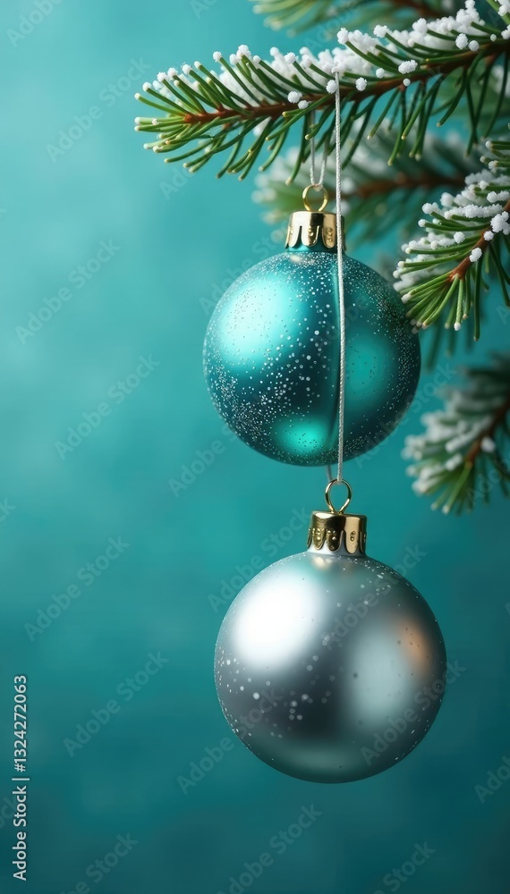Turquoise and silver ornaments hang from frosted pine branches, branch, pine, ornaments Turquoise and silver ornaments hang from frosted pine branches, branch, pine, ornaments