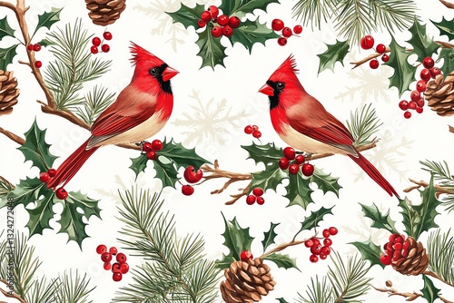 Seamless Christmas pattern with holly, pine branches, cones and red cardinal birds, holiday design, winter background