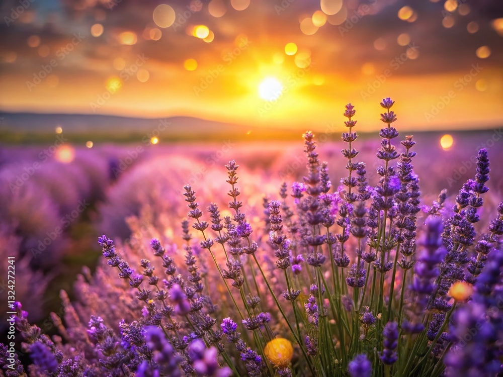 Naklejka premium Lavender Fields Sunset: Bright Purple Flowers, Golden Hour, Bokeh Sky - Stock Photo