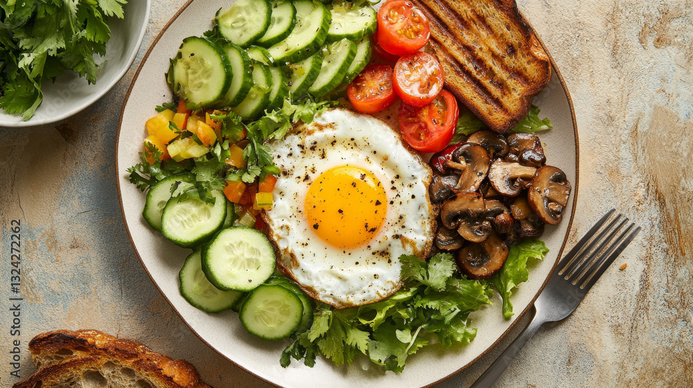 Healthy Breakfast Plate with Fried Eggs and Fresh Vegetables Healthy Breakfast Plate with Fried Eggs and Fresh Vegetables