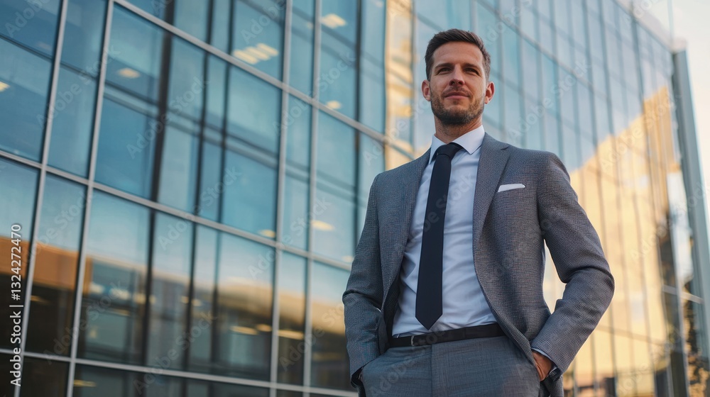 A professional man in a tailored suit standing in front of a corporate office building A professional man in a tailored suit standing in front of a corporate office building