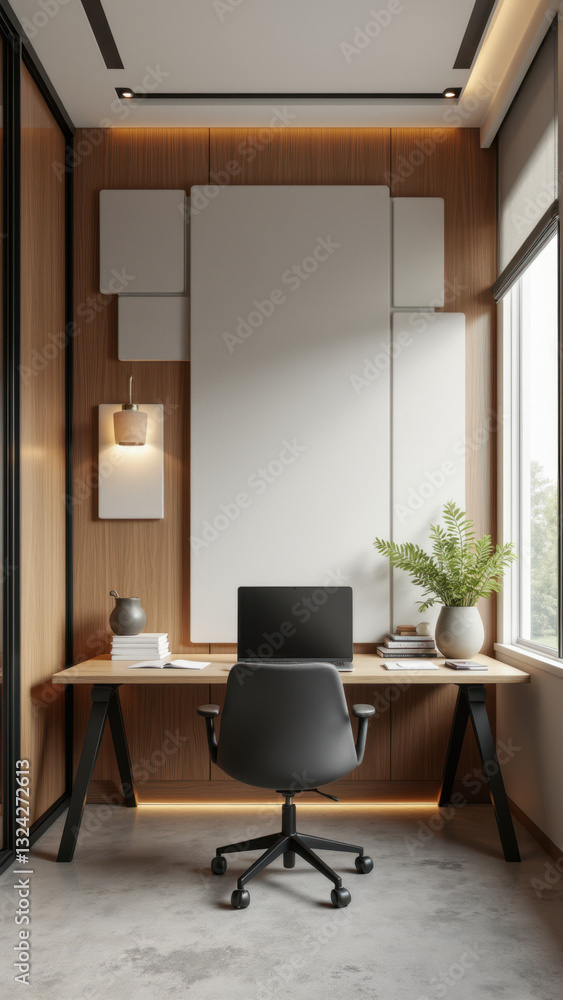 Fototapeta premium Office workspace with an acoustically designed room divider featuring large, vertical sound-absorbing panels.