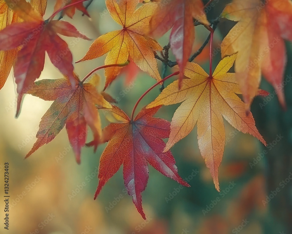Autumnal maple leaves in vibrant colors, soft focus background Autumnal maple leaves in vibrant colors, soft focus background
