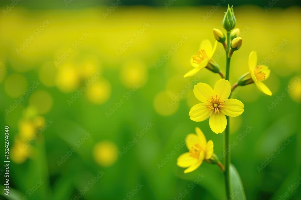 Yellow blooms on a stem with green leaves in a field, flower field, flowers Yellow blooms on a stem with green leaves in a field, flower field, flowers