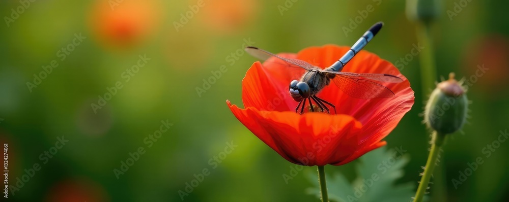 Fototapeta premium Urothemis signata dragonfly on a red poppy flower, insect photography, dragonfly, dragonfly life