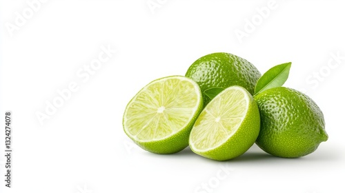 Fresh limes sliced and whole with green leaves