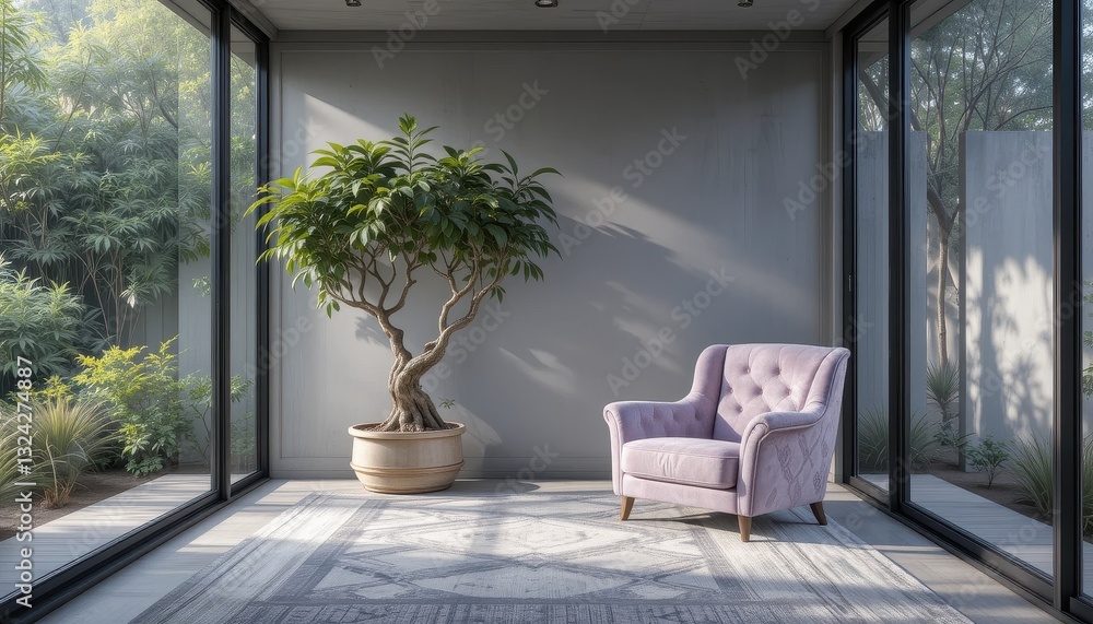 Fototapeta premium Serene Modern Living Room with Lavender Armchair and Lush Bonsai Tree near Large Windows