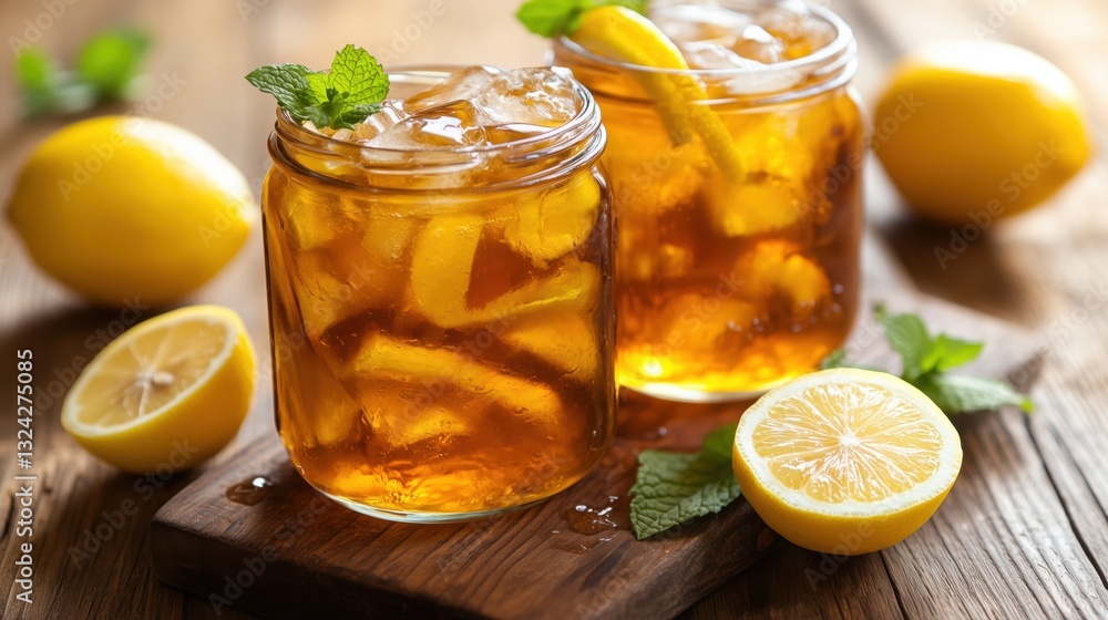 Refreshing iced tea with lemon and mint in jars on a wooden table with fresh lemons Refreshing iced tea with lemon and mint in jars on a wooden table with fresh lemons