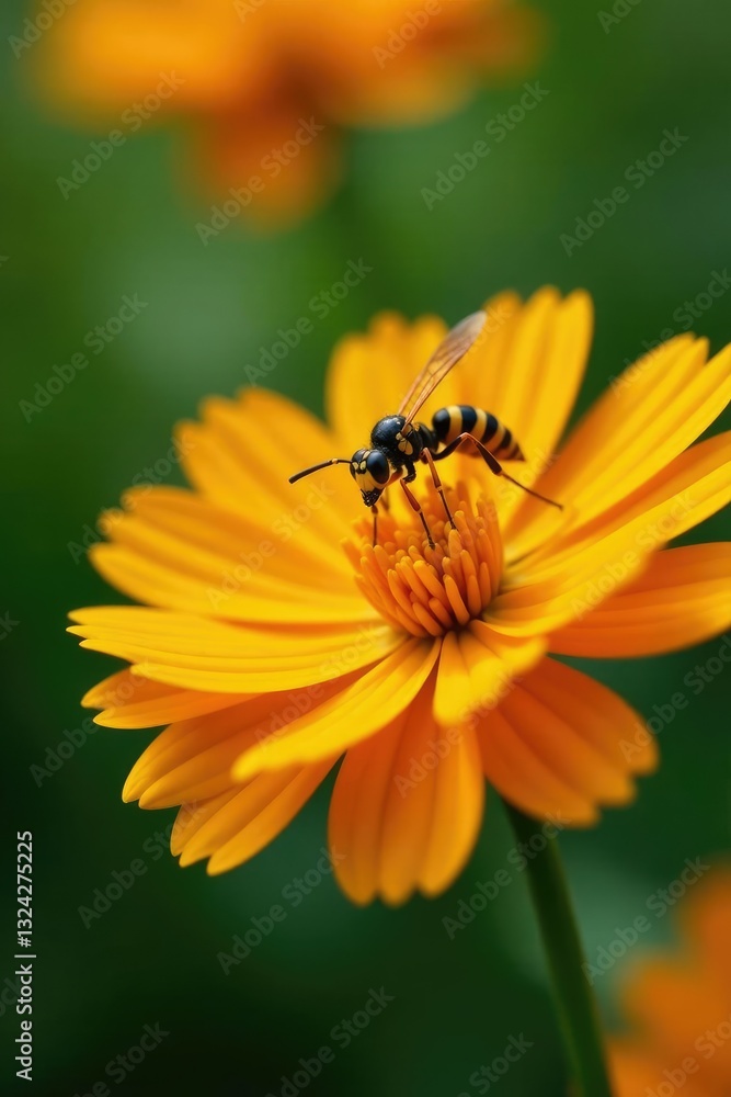 Yellow wasp crawling on a delicate orange flower, bug, nature Yellow wasp crawling on a delicate orange flower, bug, nature
