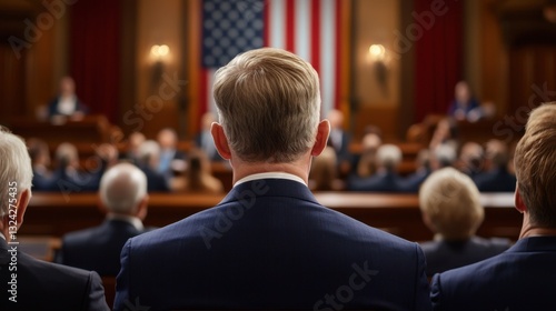 Wallpaper Mural Community Meeting Scene Concept, Audience Attending Historic Town Hall Meeting in Formal Venue with American Flag Displayed Behind Torontodigital.ca