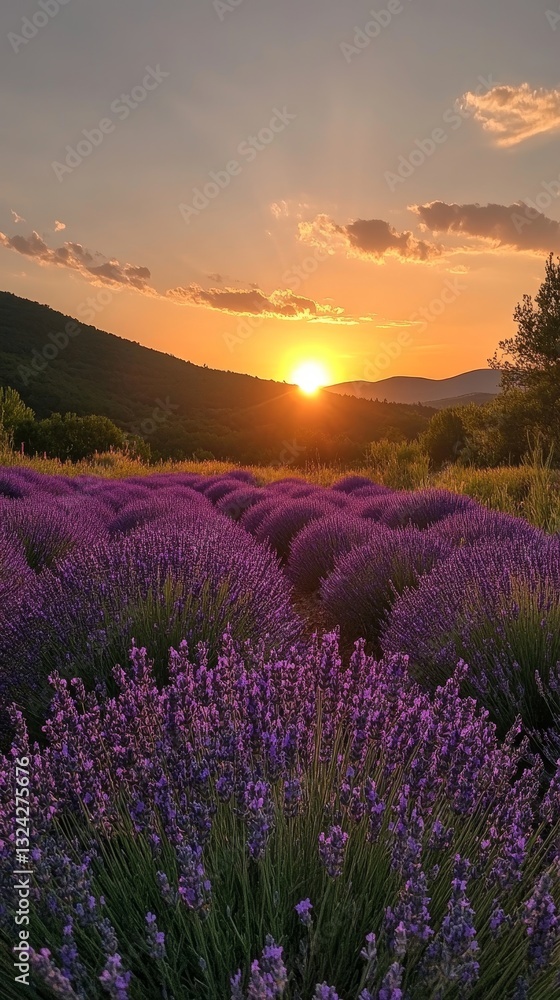 Fototapeta premium a lavender field with rows of purple flowers at sunset.