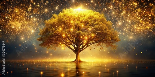 Vintage Golden Tree in Glowing Space: Celestial Cosmic Landscape Stock Photo