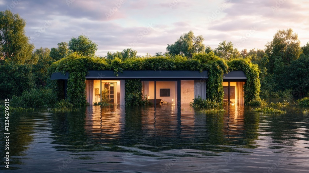 Obraz premium Flooded house surrounded by water with interior rooms full of water in a detailed and distressed state