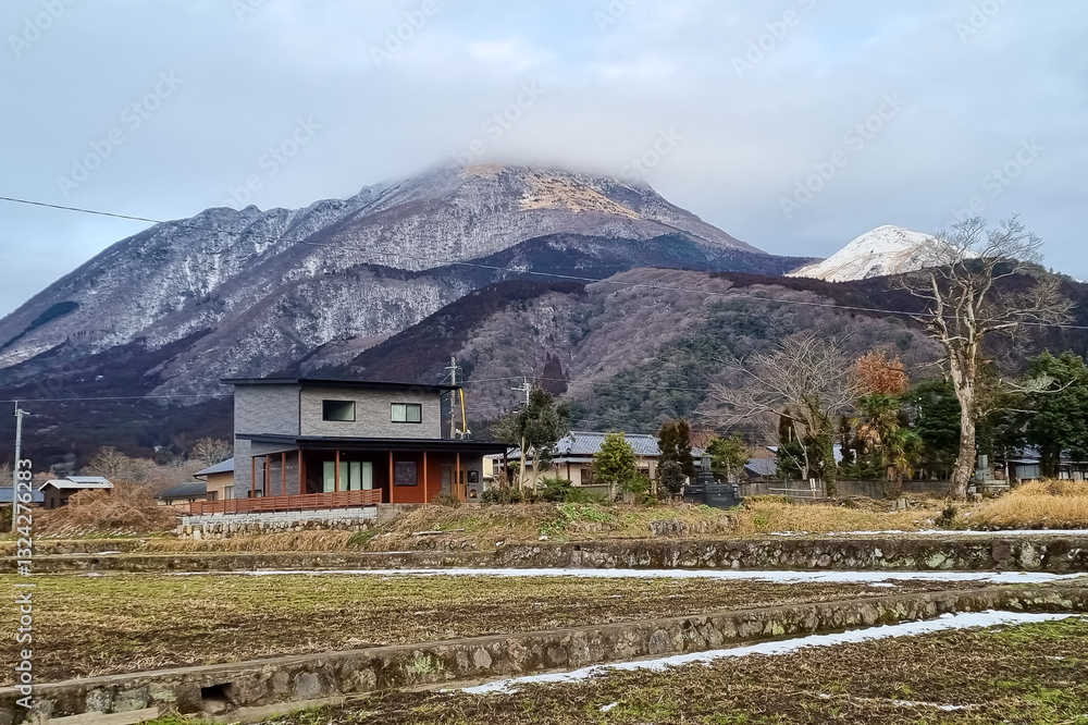 View of landscape Yufuin village in the winter after snow fall View of landscape Yufuin village in the winter after snow fall