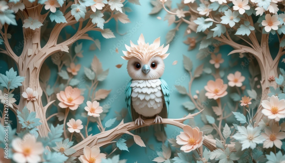 Fototapeta premium Adorable Paper Owl Art in a Flowery Tree Digital Illustration