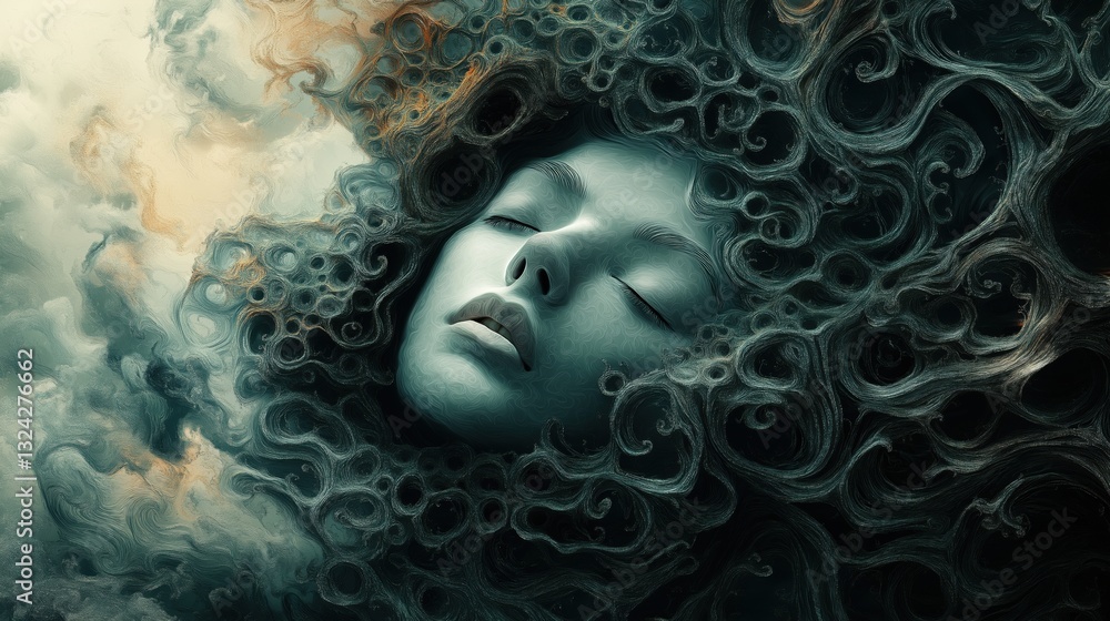 Surreal dreamlike portrait of woman merging into swirling abstract forms Surreal dreamlike portrait of woman merging into swirling abstract forms