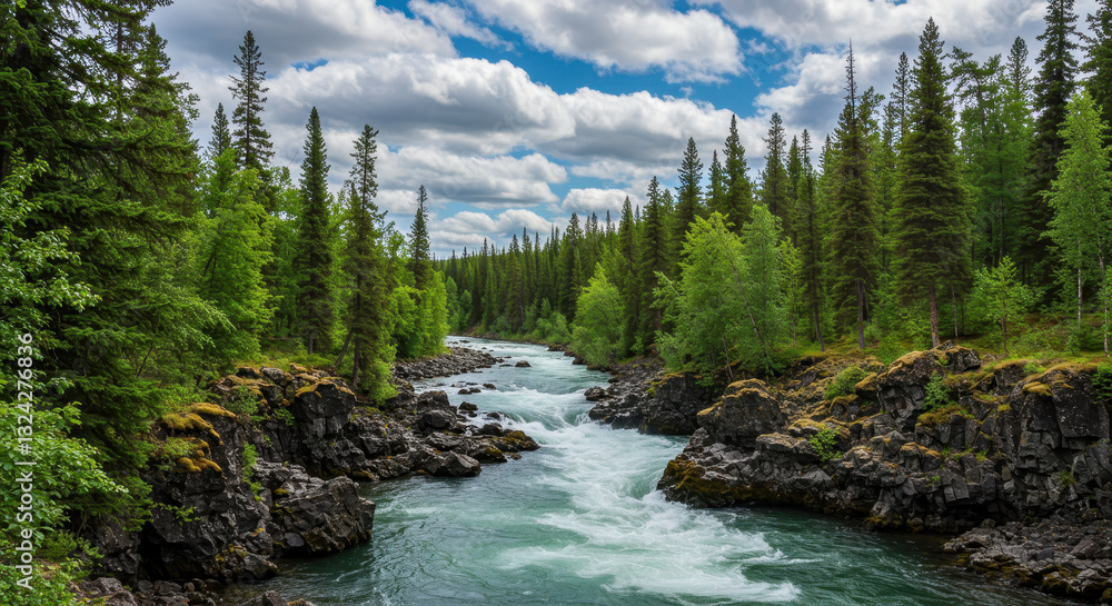 Majestic River Scene: Nature's Cascade Through Verdant Forest | Scenic Beauty, Wild River Majestic River Scene: Nature's Cascade Through Verdant Forest | Scenic Beauty, Wild River