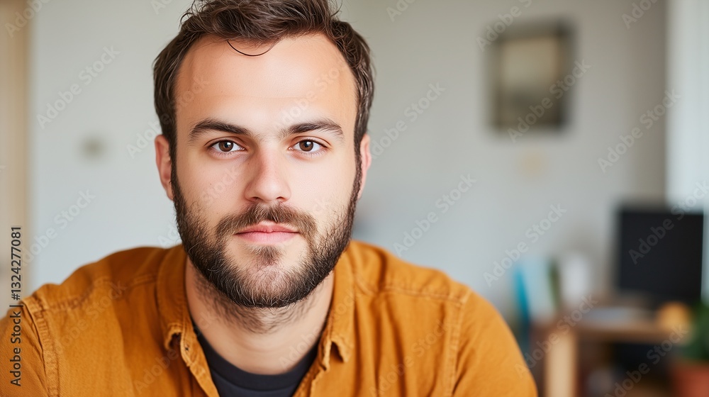 Obraz premium A serious and ambitious young businessman in his late 20s to early 30s, with a well-groomed beard, dressed in casual business attire.