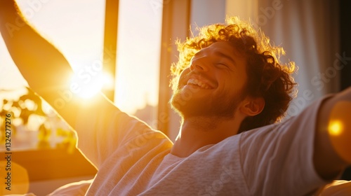 A young man waking up in bed, stretching his arms with a relaxed smile as warm morning sunlight streams through the window.