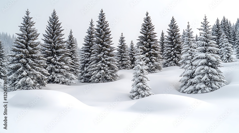 Fototapeta premium Snowy mountain forest winter landscape, postcard