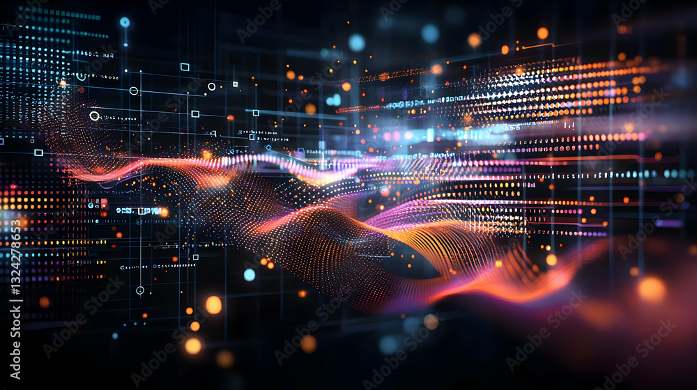 Abstract digital network with orange and blue data streams over a black background Abstract digital network with orange and blue data streams over a black background