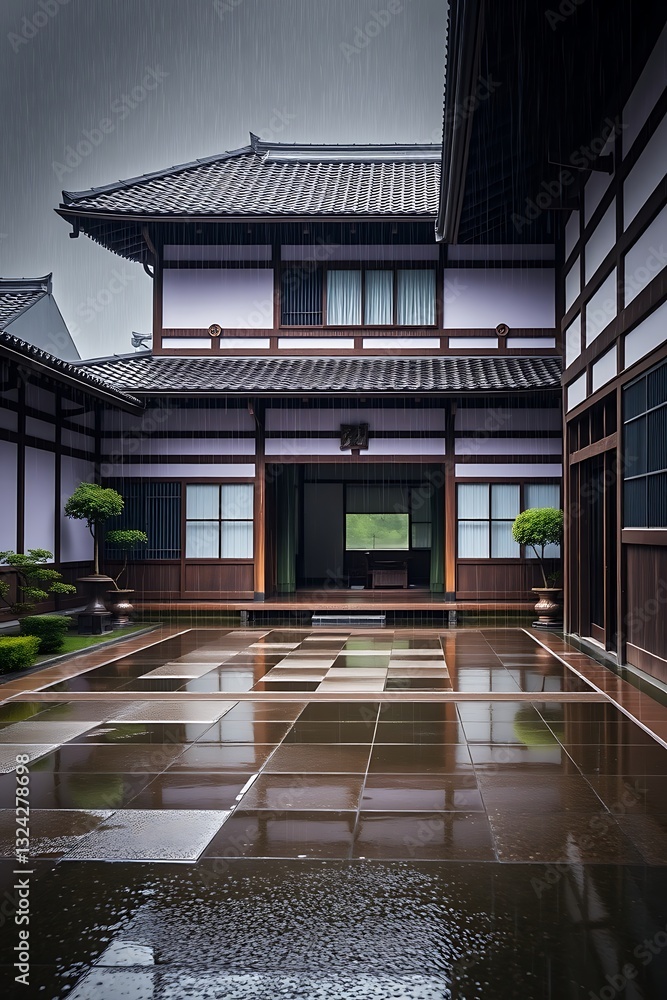 Rainy day at a traditional Japanese house courtyard.