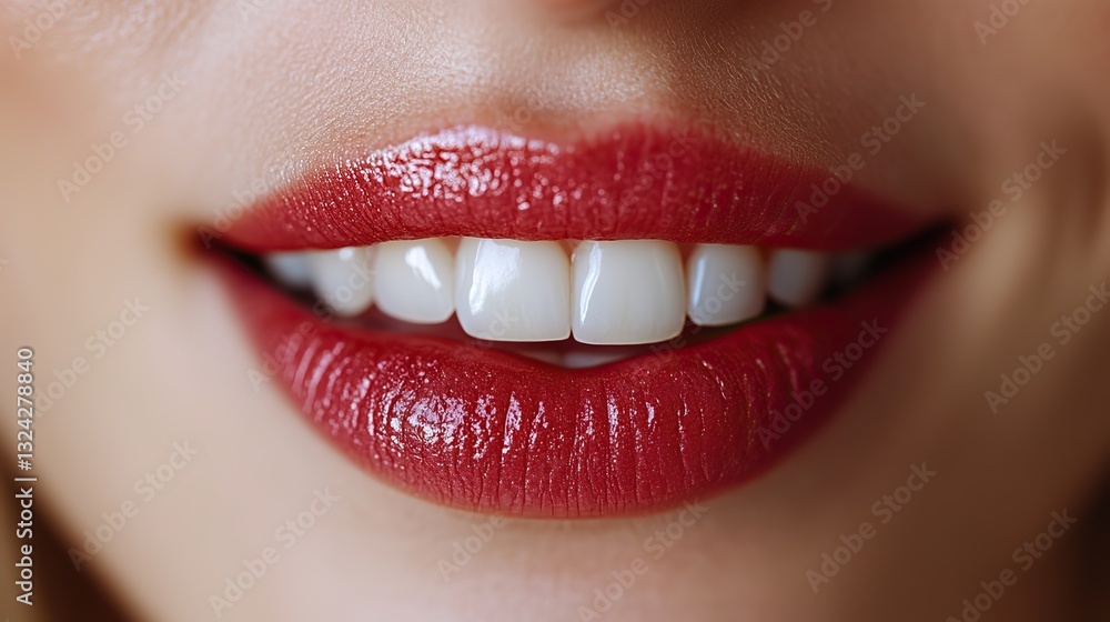 Obraz premium Female lips close-up cosmetology treatment results, lip augmentation, perfect teeth, beauty & confidence.