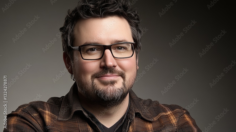 Fototapeta premium A happy man stands with arms crossed over a grey background, smiling at the camera. He strikes a confident pose with a casual expression, showcasing a professional and clean studio portrait.
