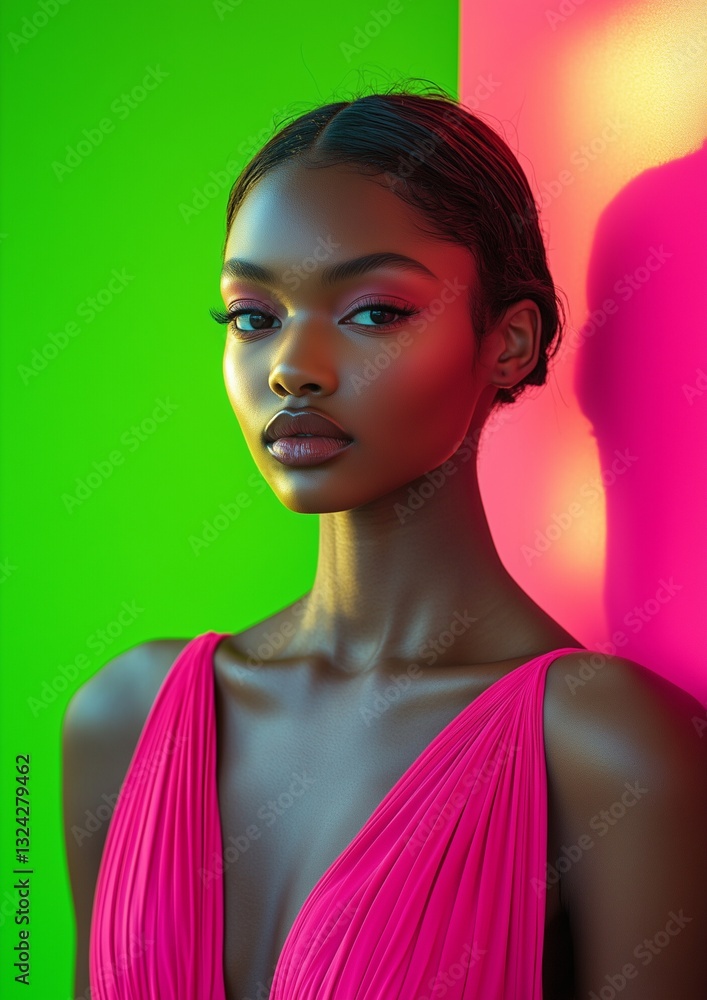 Striking portrait of a woman in a vibrant pink dress against a bold neon green and pink background, exuding confidence, elegance, and modern beauty in high-fashion lighting Striking portrait of a woman in a vibrant pink dress against a bold neon green and pink background, exuding confidence, elegance, and modern beauty in high-fashion lighting
