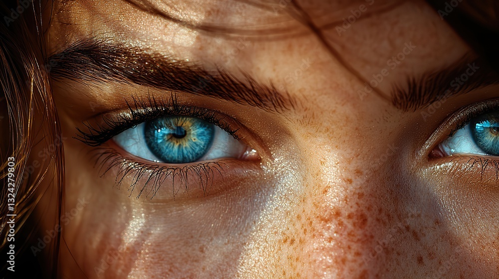 For beauty and healthcare projects, a close up of captivating blue eyes of a young woman with freckles highlights perfect vision and healthy eyesight. For beauty and healthcare projects, a close up of captivating blue eyes of a young woman with freckles highlights perfect vision and healthy eyesight.