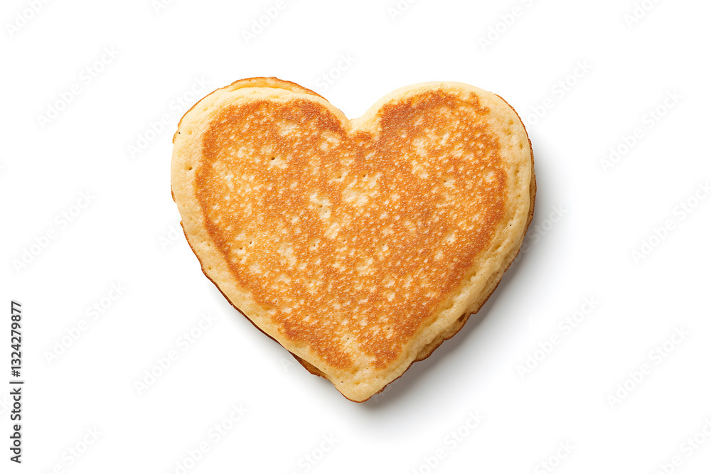 Top view heart-shaped pancake, isolated on white backdrop