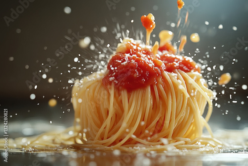 Plate of spaghetti with sauce and spring vegetables. photo