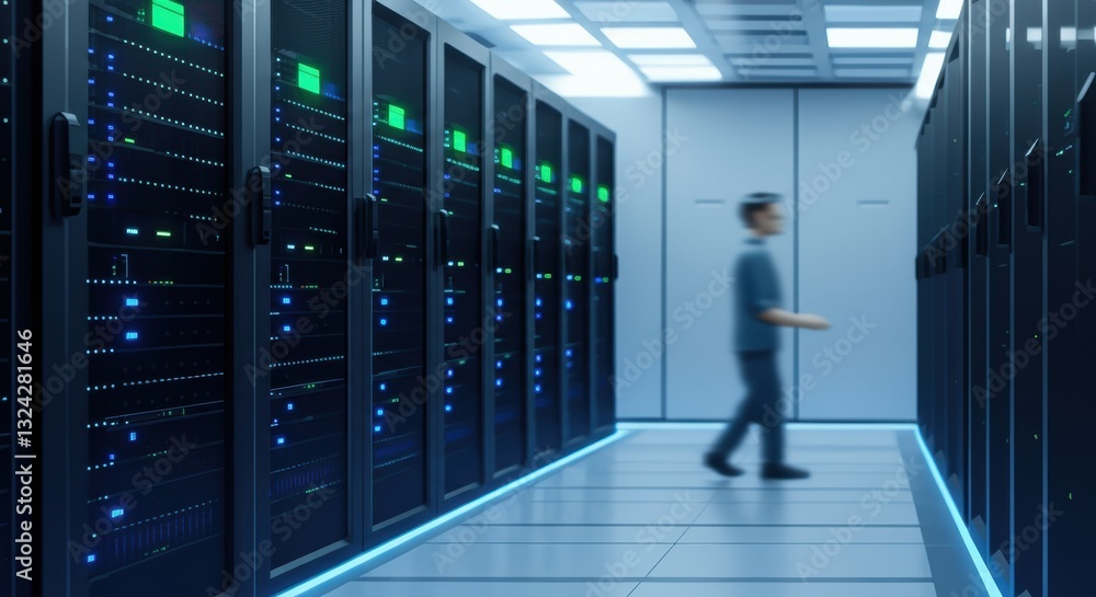 Technician walking through a modern data center with server racks and blue lights Technician walking through a modern data center with server racks and blue lights