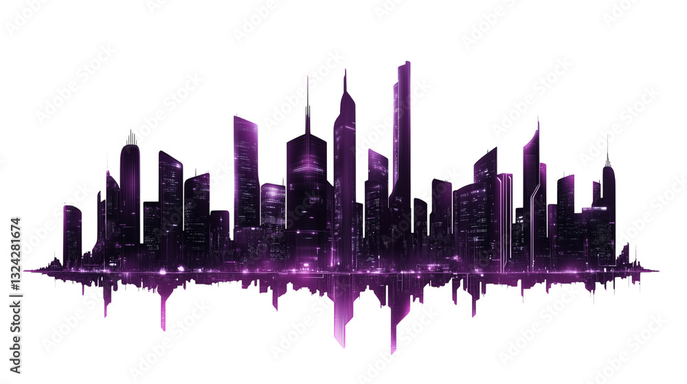 Fototapeta premium Futuristic Purple and Black City Skyline Silhouette – Transparent Background
