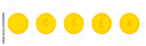 Illustrative depiction of coins representing diverse international currencies in bright golden tones showcasing global finance icons Minimalist and modern design