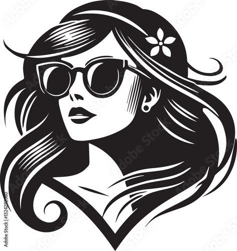 black girl with sunglasses vector file, women head in sunglass, women head in sunglass silhouette vector, women head vector illustration, Woman silhouette vector isolated on white background