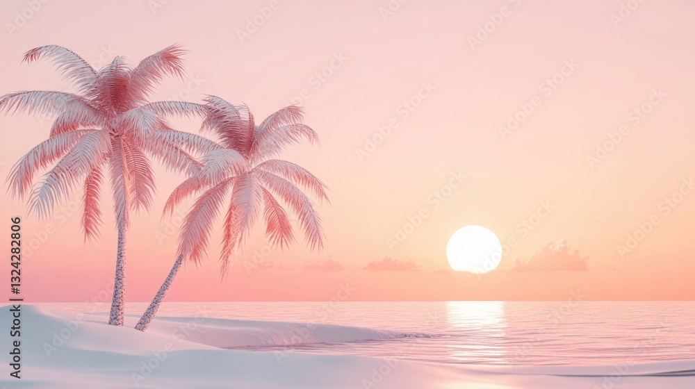 Soft pink and peach summer sunset tropical beach with handcrafted palm trees and smooth paper cut textures minimalist island scene. Soft pink and peach summer sunset tropical beach with handcrafted palm trees and smooth paper cut textures minimalist island scene.