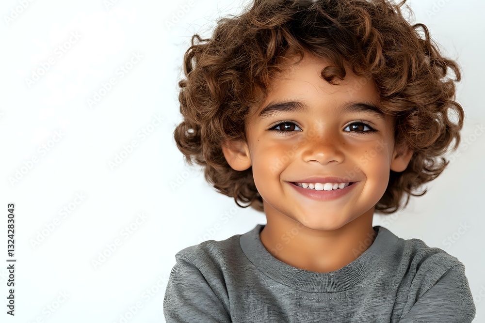 Cheerful mixed-race boy with curly brown hair and bright smile wearing grey sweater against white background, portrait orientation for advertising and lifestyle design. Cheerful mixed-race boy with curly brown hair and bright smile wearing grey sweater against white background, portrait orientation for advertising and lifestyle design.