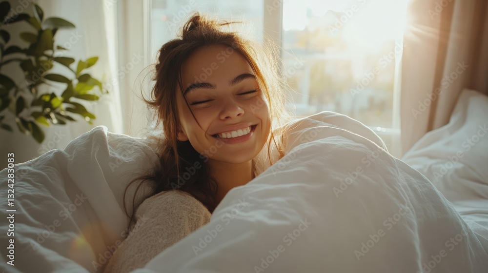 Happy woman waking up in bed, enjoying cozy morning light Happy woman waking up in bed, enjoying cozy morning light